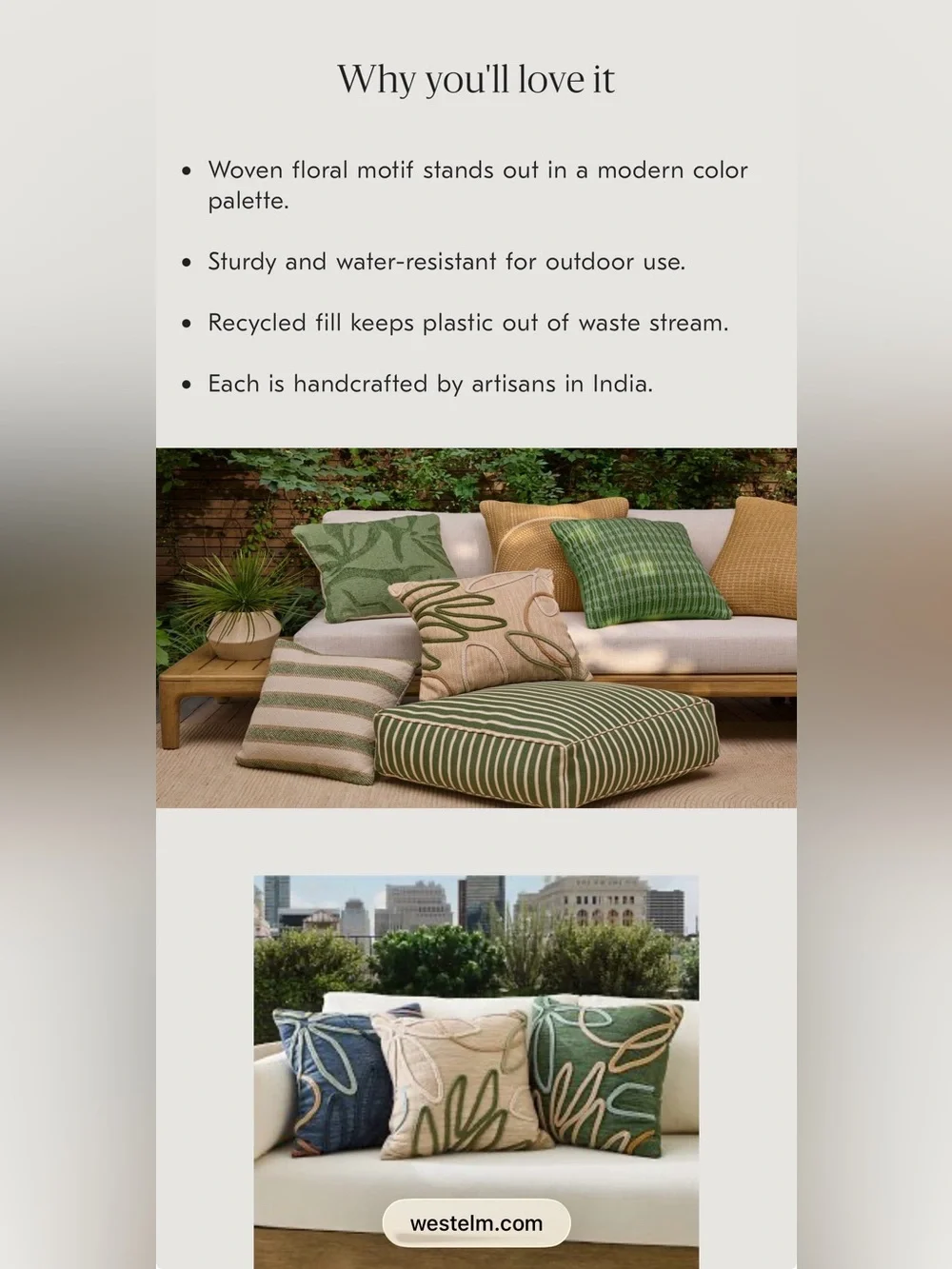 West Elm Indoor/Outdoor Linework Botannical Pillow, 20”, Set of 2, LIKE NEW